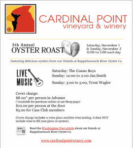 5th Annual Oyster Roast This Weekend at Cardinal Point Winery : Click image above for larger.