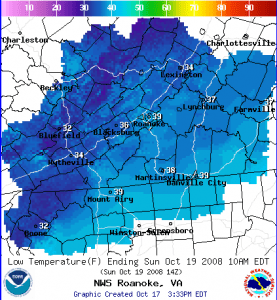 Freezing temperatures are possible this weekend especially in the mountains of Nelson and adjoining counties. Map courtesy of NOAA