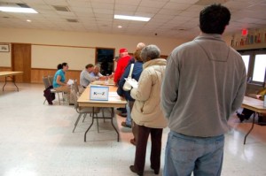 Voters wait to cast their ballots in the Rockfish Valley Precinct in Nelson County, Virginia