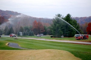 Since the pond was a bit too large for a ribbon cutting, Wintergreen Fire Department fired a water stream over the course to the pond starting the dedication.