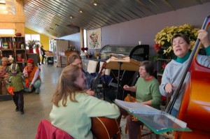 The Afton Amblers play to folks indoors.