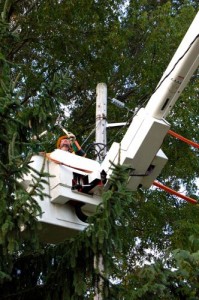 A crew installs BPL equipment along lines in Nelson County, Virginia