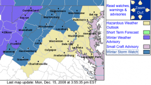 A screen grab of the counties included in Tuesday's NWS Winter Storm Watch area. Highlighted in darker blue.