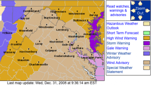 High Wind Warning areas are highlighted in the orange colors via The National Weather Service.