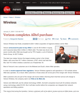A screen shot of the January 9 www.cnet.com web story about the closure of the deal.