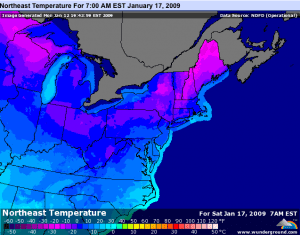 Predicted Bitterly Cold Temperatures By Saturday Morning Of The Coming Weekend. Courtesy : www.wunderground.com - Click image above for latest map