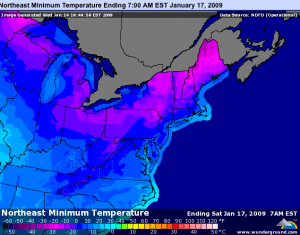 Projected minimum temperatures for the NE U.S by early Saturday morning. Map courtesy of www.wunderground.com