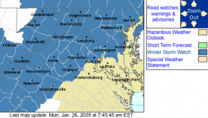 Winter Storm Watch Areas highlighted in dark blue via NWS. 