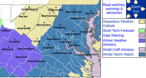 The Winter Storm Watch area as of late Saturday night, highlighted in blue by The National Weather Service.