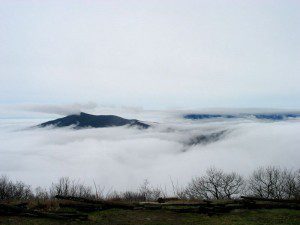 ©2009 NCL Magazine : Photo By Marshall Forbes : Clouds cover the valley below as seen from Devil's Knob Overlook : Wintergreen, Virginia
