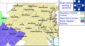 The Winter Weather Advisory area in effect until 10AM EDT for the areas highlighted in purple, via NWS.