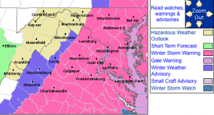 The Winter Storm Warning area highlighted in pink. In effect until 2PM Monday afternoon, via NWS.
