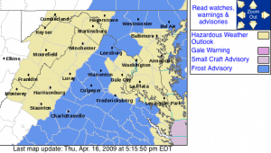 The frost advisory area highlighted in blue via the NWS. The advisory is in effect from 2AM Friday until 10AM Friday. Click for larger view.