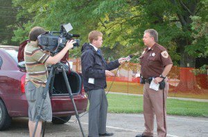 Nelson County Sheriff David Brooks is interviewed by an NBC-29 news crew Monday evening in Lovingston, Virginia