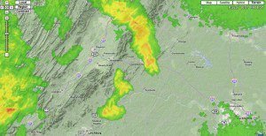 Thunderstorms moved into the Nelson area Friday night causing some power outages on the mountain at Wintergreen. Radar image courtesy of www.wunderground.com
