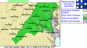A Flash Flood Watch (shaded in green) has been issued starting at 12 noon EDT running through the late night hours Wednesday. VIa NWS. 
