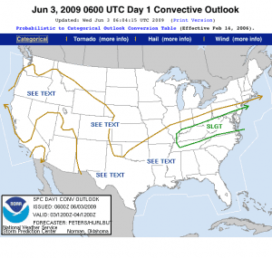 The Storm Prediction Center has placed Nelson County and much of Central Virginia in the slight risk area for severe weather later in the Wednesday.