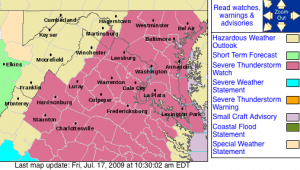 The Severe Thunderstorm Watch Area highlighed in pink via The National Weather Service