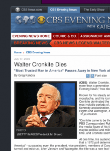 ©2009 CBS News : A screen grab from CBS Friday evening annoucing Walter Cronkite's death.