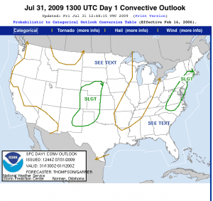 The possibility of severe weather exist this afternoon and evening across much of Virginia. Via The Storm Prediction Center. The area highlighted in green is in the slight risk area today. Click to enlarge. 