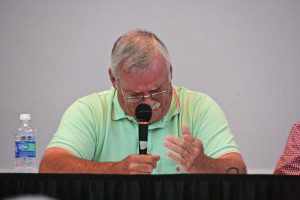 Photo courtesy of Nelson County Museum of History : Bobby Purvis, a former telephone company worker, emotionally recalls the days following Hurricane Camille. He and others took part in a panel discussion on Camille. 