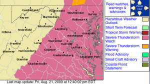The Severe Thunderstorm Watch area highlighted in pink via The National Weather Service.
