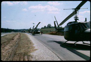 Relief helicopters line up along Route 29 in 1969.