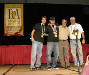 Thanks to Heidi Crandall for this photo from Denver : ©2009 www.nelsoncountylife.com :  Aaron Reilly (Assistant Brewer @ DBBC) Jason Oliver (Head Brewmaster @ DBBC),  Charlie Papazian, President of the Brewers Association, and Steve Crandall (owner of DBBC) accept their awards this weekend at The Great American Beer Festival. 