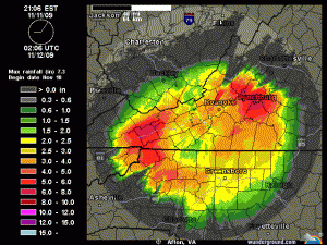Image grab courtesy of www.wunderground.com : Heavy precipitation amounts were already recorded late Wednesday night just south and east of Nelson County. 