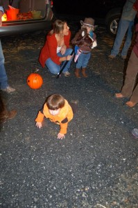 Adam decided to take a lap around the parking lot in his pumpkin outfit!