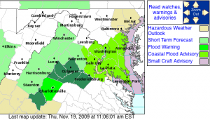 Via The National Weather Service : The Flood Watch Area highlighted in darker green. Click to enlarge view. 