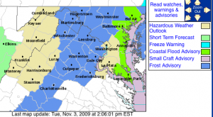 VIa NWS : The areas highlighted in blue are covered by a frost advisory from 3 AM until 8 AM Wednesday morning 11.4.09 - Click to enlarge. 