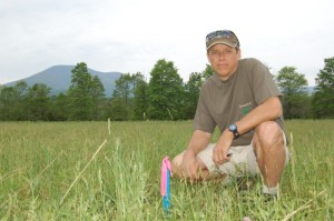 Steve Crandall, Devils Backbone owner and founder, in a May 2006 photo where survey flags marked an area that would one day be part of the brewery grounds. 