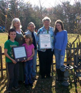 Photo Courtesy NBS : ©2009 www.nelsoncountylife.com : Zachary Gardiner, Head Teacher Charlotte Zinsser Booth, Alyssa Santoro-Adajian, Science teachers Toni Ranieri and Maggie Buchanan, and Tess Kendrick hold the Virginia Naturally plaque and sign received by North Branch School.