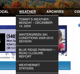 You can also get to the Blue Ridge Parkway Road Report by using the dropdown menu under weather and selecting that link. Easy!