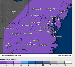 ©2009 www.accuweather.com : Possible snowfall potential on Saturday hovers in the 1-3 inch category as of Friday's forecast by Accuweather. Click to enlarge.