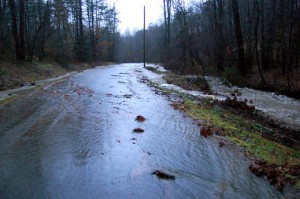 Water covered a large section of Blundell Hollow Rd. Monday morning. 