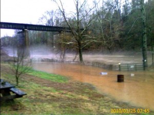 Kevin Rose in Rockfish, Virginia sent us this picture of the raging river going under the railroad in the eastern section of the county. 