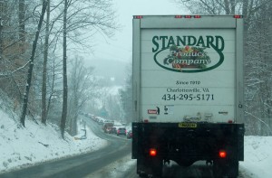 Photo By Yvette Stafford : ©2010 www.nelsoncountylife.com : Cars line up for about a mile on Route 151 south of Martins Store Monday afternoon when a quick 2 inches of snow fell across the county. 