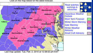 Via The NWS : Areas highlighted in pink are now under a Winter Storm Warning until 4AM Wednesday. Click image for very latest data. 