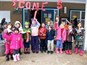 shoes 1-27 birthday 044 Photo By NBS : ©2010 www.nelsoncountylife.com : Mason Rothenberger (4th from left) and her classmates at North Branch School show some of the shoes they collected for school children in Afghanistan.