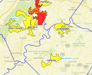 A CVEC Graphic showing areas out around 7PM Monday night. Click to get more detail.