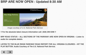 The Blue Ridge Parkway is now totally open for the first time in months. Winter weather has pretty much kept the parkway closed since December 19, 2009.