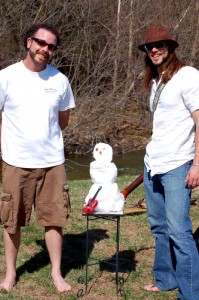 Photos By Tommy Stafford : ©2010 www.nelsoncountylife.com : John Howard (left) and Jacob Allen pose for a shot with Snowbojac, to say so long to winter and hello spring 2010 this past Saturday at Wintergreen Winery's Snowvivor 2010 Spring Fling. Click any photo to enlarge. 