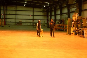 Helene Dodge (left) with her dog Orso along with professional trainer Armin Winkler debrief after a practice search in the old yarn factory. 