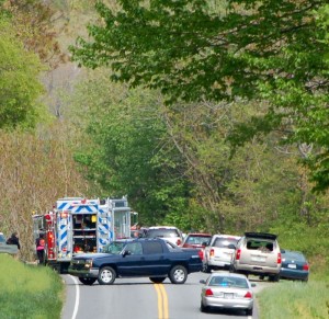Photo By Tommy Stafford : ©2010 www.nelsoncountylife.com : Emergency vehicles block the roadway of a three car accident on Route 151 just north of Nellysford Tuesday afternoon. 