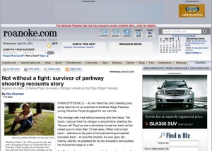 Image ©2010 www.roanoke.com : The Roanoke Times : Christina Floyd recently told her story about the night she and her friend were hit by a shotgun blast on the BRP. She lived, her friend did not. Click on image above to read their story. 