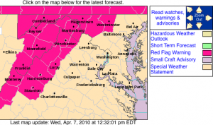 Due to very low humidity levels, along with breezy and dry conditions, the National Weather Service has placed much of the area under increased outdoor fire threat. Areas in pink, including the BRP are at a Red Flag Warning Status. 