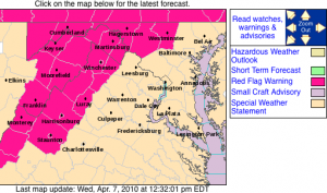 Picture 38 Due to very low humidity levels, along with breezy and dry conditions, the National Weather Service has placed much of the area under increased outdoor fire threat. Areas in pink, including the BRP are at a Red Flag Warning Status.