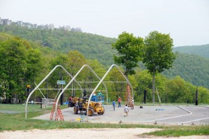 Photo By Paul Purpura : ©2010 www.nelsoncountylife.com : Workers at Wintergreen were busy putting up the frame for the Evans Center Tent on Wednesday before thunderstorms moved through. Click to enlarge. 